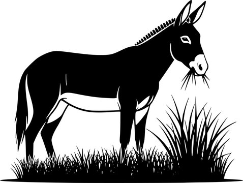 black donkey eating grass, side view clip art preview