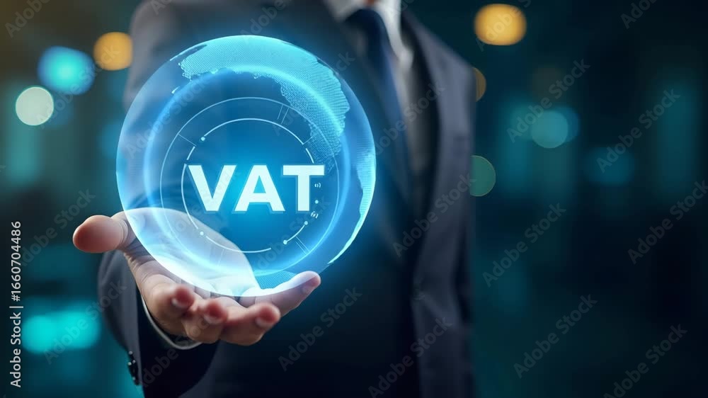 Aufkleber exploring vat strategies for small businesses: a hand interacting with a holographic device in a min