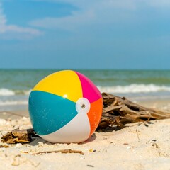 Colorful beach ball on sandy shore (1)