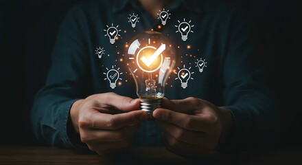 Creative Innovation and Successful Idea Generation with Glowing Light Bulb Checkmark Symbol in Dark Background for Brainstorming and Problem Solving Concepts