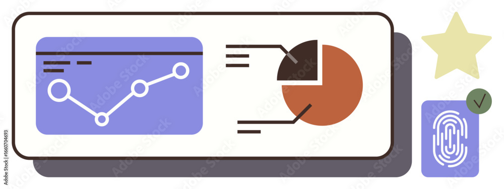 Poster charts showing trends and data segmentation, fingerprint authentication icon, and a star for quality