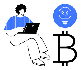 Individual using a laptop, Bitcoin logo symbolizing cryptocurrency, and light bulb representing ideas. Ideal for technology, finance, cryptocurrency, innovation, start-ups, productivity simple