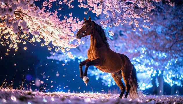 Majestic horse rearing under a canopy of glowing cherry blossoms in a dreamy landscape.