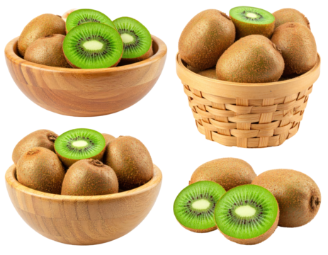 Arrangement of Kiwis in Wooden Bowls and Woven Basket Displaying Green Flesh and Brown Exterior on Transparent Background
