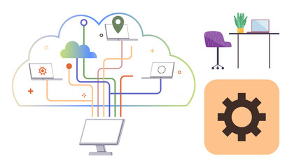 Cloud network connecting devices, desk with laptop and plant, gear element icon. Ideal for remote work, technology, networking, productivity, system integration, data flow simple flat metaphor