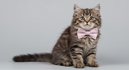Obraz premium Captivating Studio Portrait of a Dapper Tabby Kitten, Elegantly Posing with a Charming Pink Bow Tie, Highlighting the Irresistible Appeal of this Cute Cat.