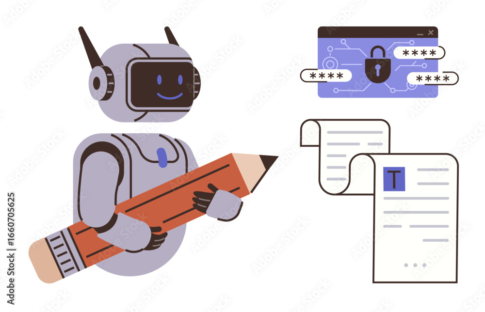 Poster robot holding pencil with smiling face, documents featuring text, and browser with password for encr