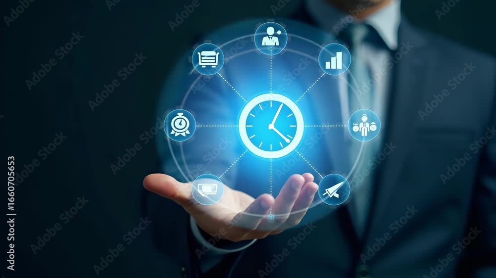 Poster hand interacting with holographic time management interface: project planning, task tracking, and ta