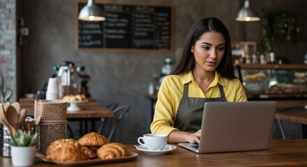 Woman working on laptop in cafe