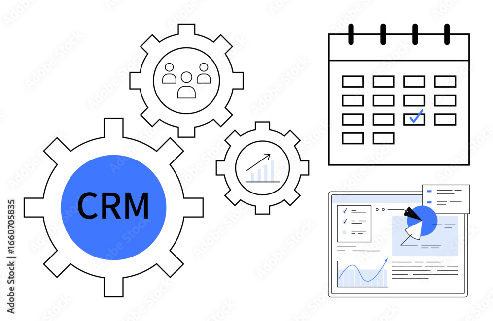 Poster crm gear with user icon and chart, calendar with checkmark, and analytics dashboard. ideal for busin