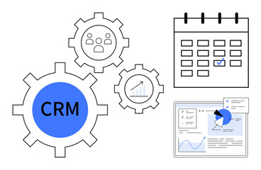 CRM gear with user icon and chart, calendar with checkmark, and analytics dashboard. Ideal for business, planning, management, organization, marketing, analytics simple landing page