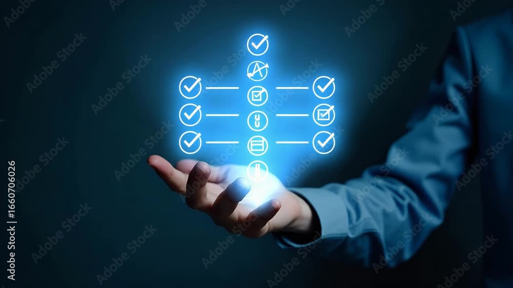 Poster flat hand selecting holographic digital checklist icons for online assessment and e-learning task ma