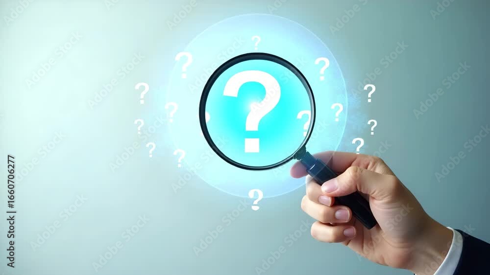 Fototapete hand holding holographic question mark with magnifying glass: analyzing problem solving concepts in 