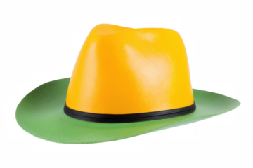 Bold cowboy hat with yellow crown, green brim, and black band on transparent background