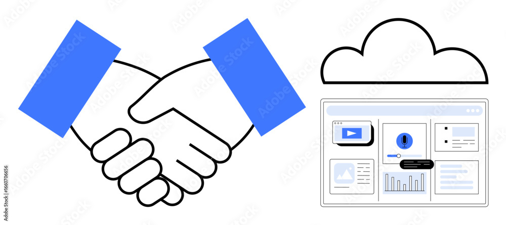 Aufkleber handshake between two individuals representing collaboration alongside a cloud and dashboard with ch