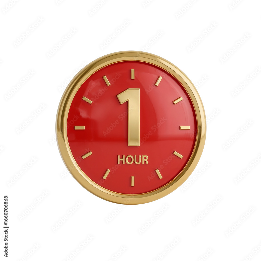 Poster golden framed clock face with red surface showing one hour isolated and transparent