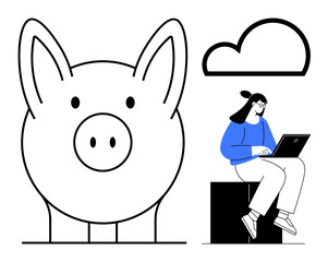 Woman seated with laptop beside oversized piggy bank and cloud. Ideal for financial growth, investment, savings, technology, planning, digital economy, modern productivity. Simple flat metaphor