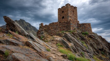 Ancient Stone Tower Ruins on a Mountaintop Under a Dramatic Cloudy Sky A Hiking Trail Leads to the Structure High Altitude Rocky Landscape