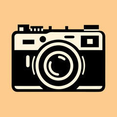 Vintagestyle black and white camera icon with large lens.