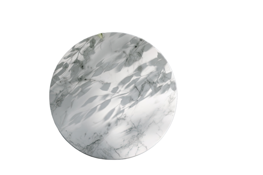 Circular, light gray, marble-patterned surface with leaf shadows - Powered by Adobe