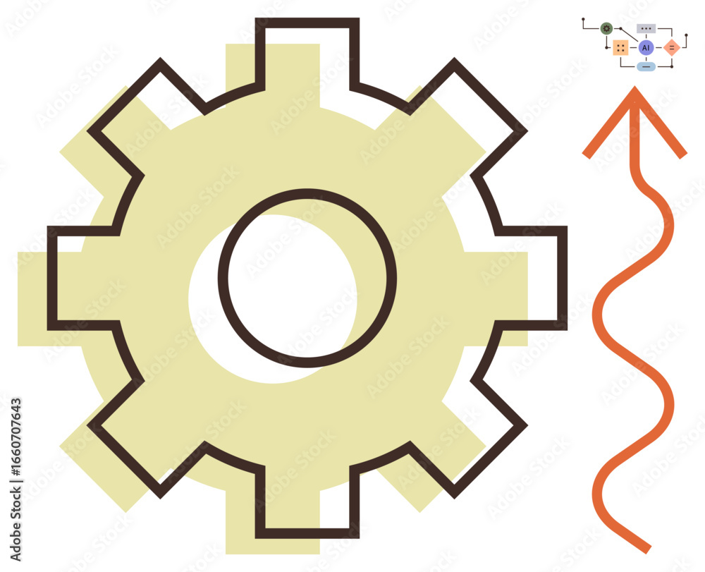 Poster large gear with adjacent flowchart symbolizing process, efficiency, and organization. upward orange 