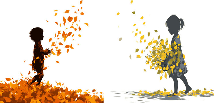 Children playing with autumn leaves vector illustration fall season fun time joy