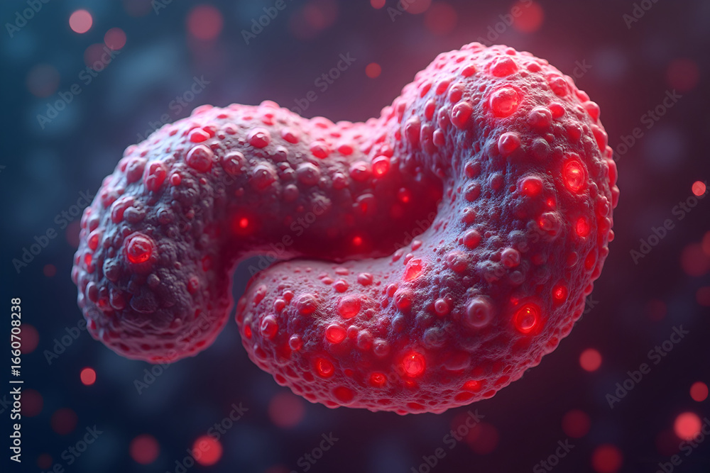 Poster detailed microorganism image with bumpy surface and red dots