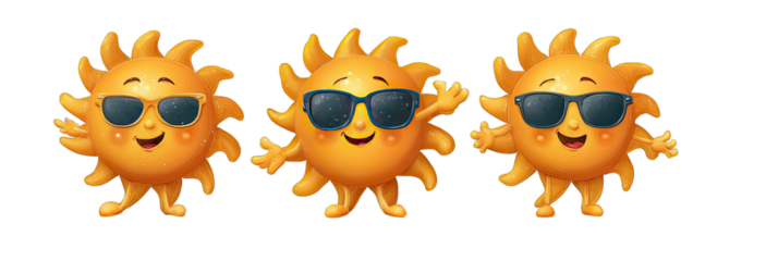 Three cartoon suns wearing sunglasses