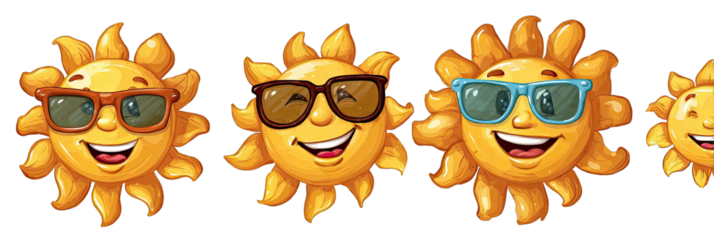Four cartoon suns wearing sunglasses