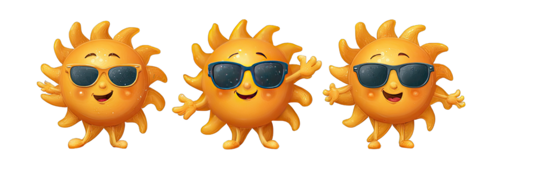 Three cartoon suns wearing sunglasses