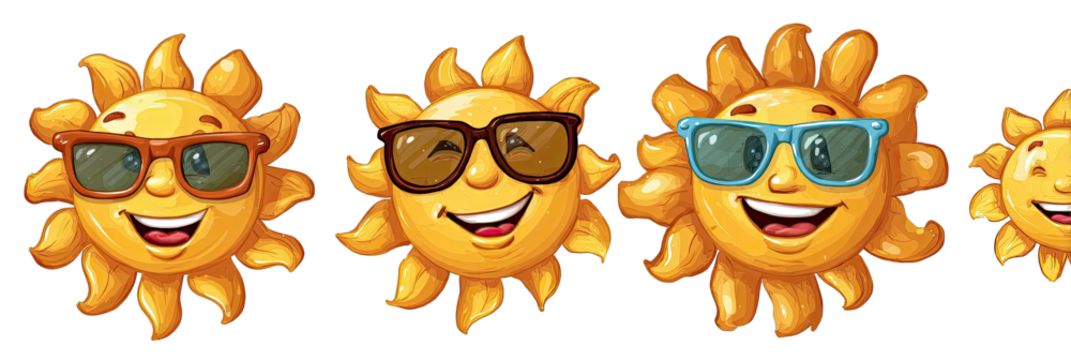 Four cartoon suns wearing sunglasses