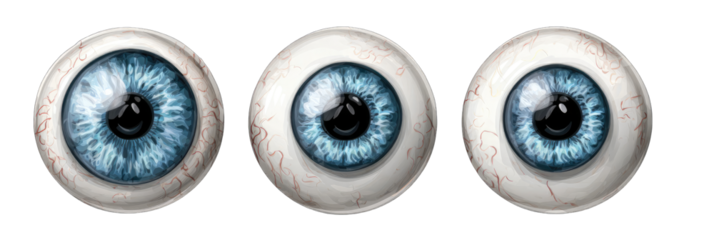 Three stylized blue eyes on a black background