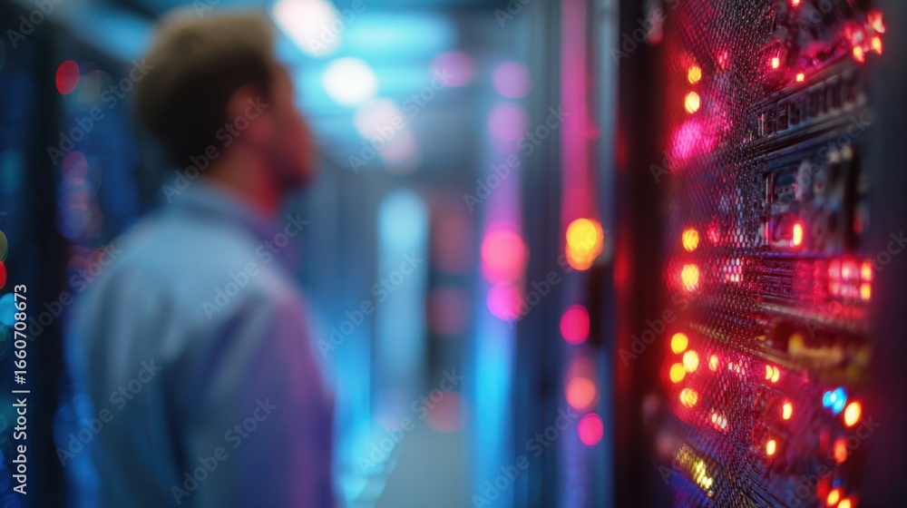 Poster focused shot of a server rack with blinking lights while the technician in the background remains ou