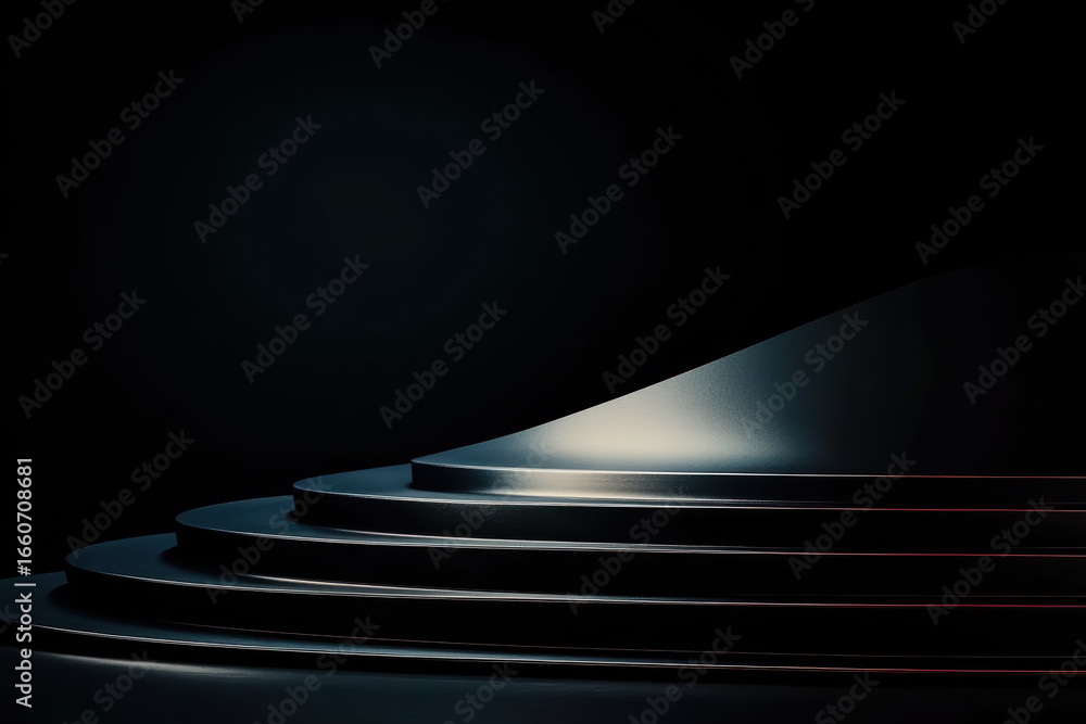 Poster abstract minimal dark podium with smooth curved steps and subtle lighting, modern futuristic empty d