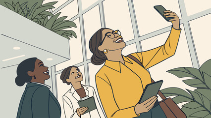 Happy Businesswoman Taking Selfie with Colleagues.