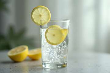 Refreshing Lemon Water with Ice Cubes in Glass