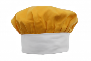 Professional chef's hat with yellow and white two-tone color scheme on transparent background
