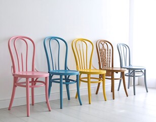 Colorful chairs against white wall