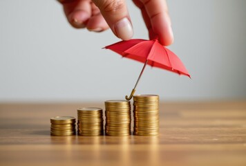 Hand holding umbrella over stacked gold coins