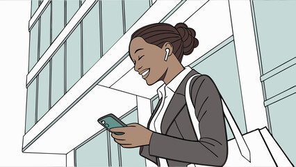 Smiling Black Businesswoman Using Smartphone Outside Modern Office Building.