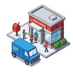 Isometric Illustration of Post Office with Delivery Van and Customers