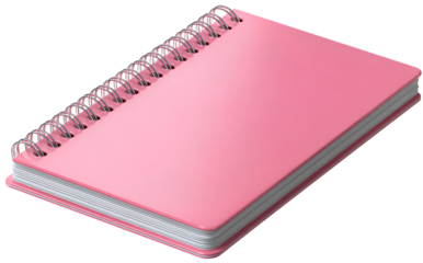  pink notebook, spiral on the left side of the cover, clipart-style illustration, isolated on a white background