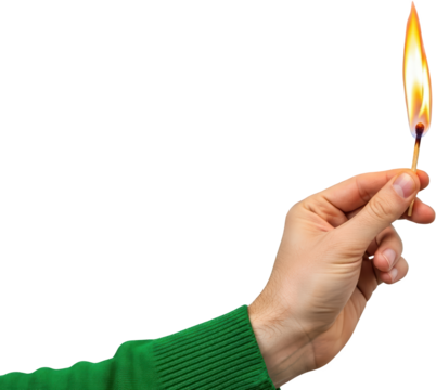 Human hand holding a lit match bright flame burning green sweater sleeve isolate collage art fire ignition