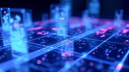 Futuristic digital landscape with glowing holographic data panels and intricate circuitry in the background - Powered by Adobe