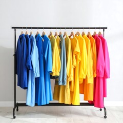 Obraz premium Colorful clothing rack against a light wall