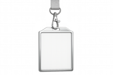 Close-up of a blank vertical badge with a gray lanyard, providing a professional and customizable identification solution on a transparent background