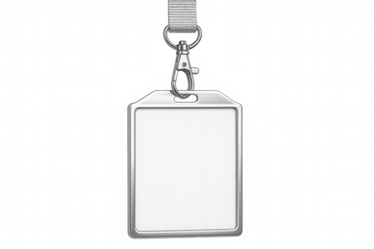 Close-up of a blank vertical badge with a gray lanyard, providing a professional and customizable identification solution on a transparent background