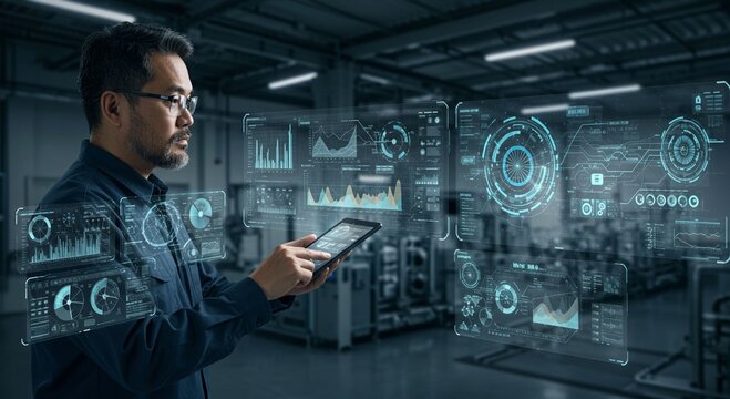 Technician using tablet in industrial setting - Powered by Adobe