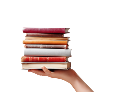 A hand holding a stack of books