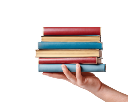 A hand holding a stack of books